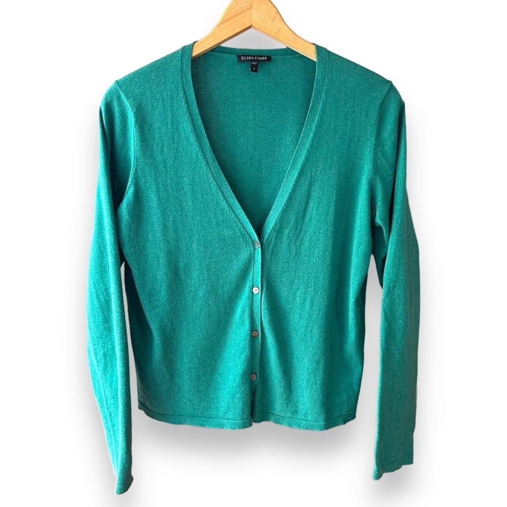 EILEEN FISHER | Organic Cotton Cashmere V Neck Cardigan Long Sleeve Green Size S